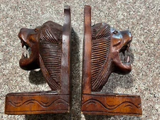Large Vintage 70s Artisan Hand Carved Wood Roaring Lion Head Bookends