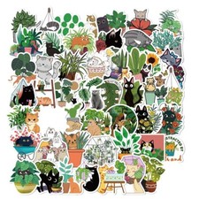 50pcs Cat And Plant Sticker, Cut Cat, water bottle laptop Waterproof, 129