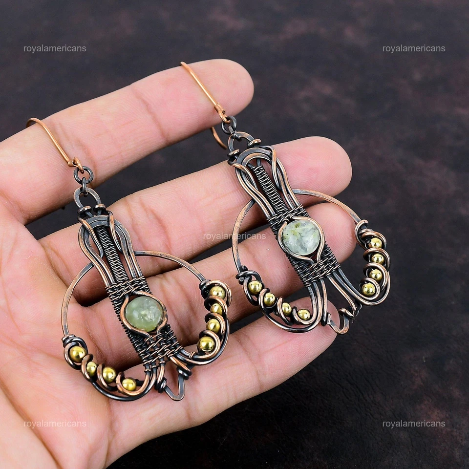 Round Moss Prehnite Gemstone Copper Wire Wrapped Dangle Drop Earrings Jewelry - Image 3 of 4