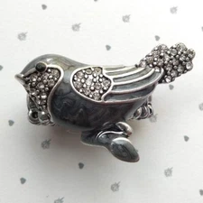 Grey Enamel Crystal Bird Cocktail Ring Adjustable Silver Tone Metal