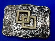 Vintage Western Two Linked Squares Design, Gold  silver color belt buckle