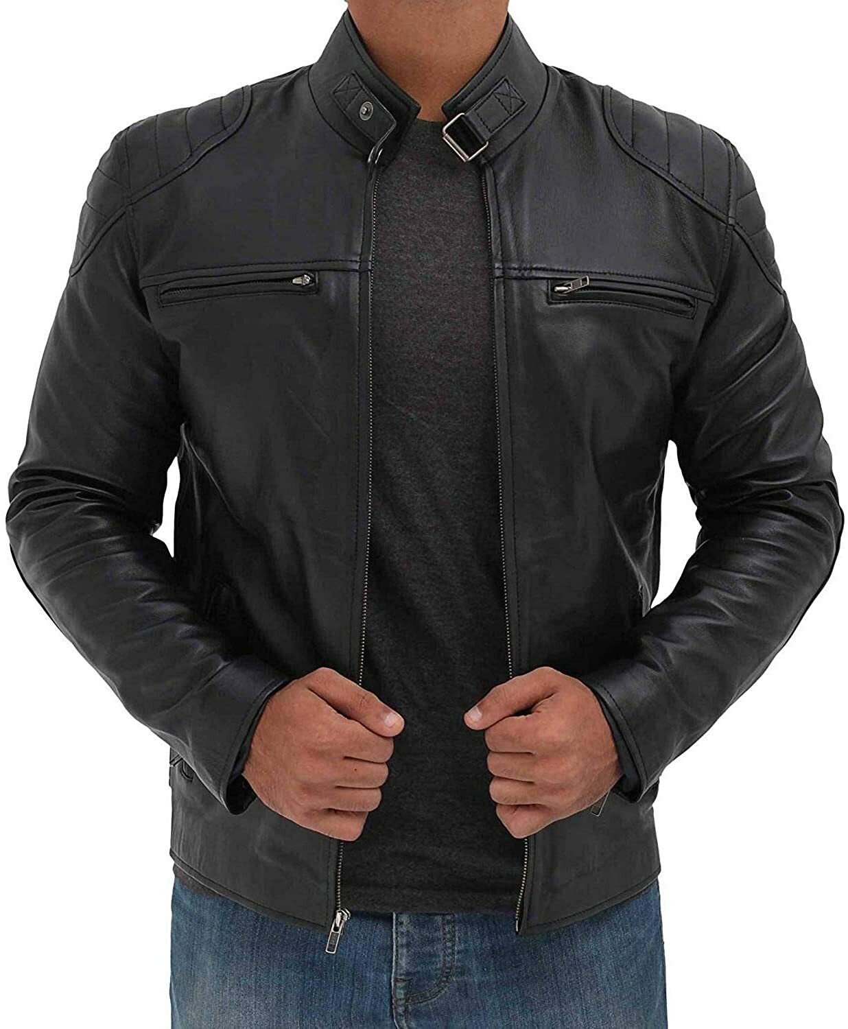 Leather Jacket Biker Men's Racer Sheep Motorcycle Cafe Men Skin Soft Fit Black 1-image