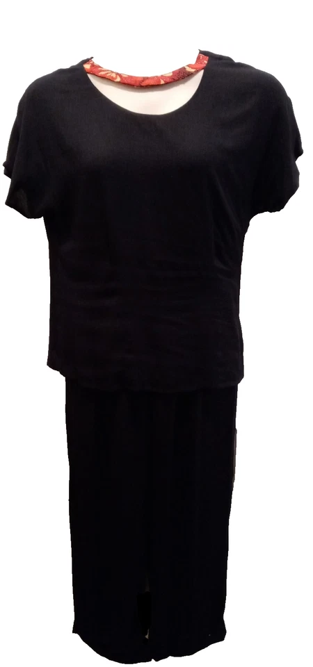 Usado en Excelente Condición Traje Pantalón Carole Little 2 Piezas Negro - Borde Floral Rojo/Bronceado - Mujer Talla 4 Foto 2 de 4