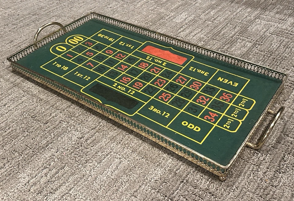 ROULETTE FELT DRINK SERVING TRAY MCM 1960S HANDLES 23" * 12" ONE OF A KIND EUC - Image 3 of 4