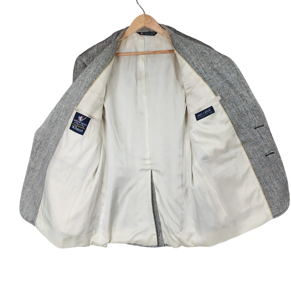 Blazer De Colección Austin Reed Seda 42S Hombres Espiga Cuadros Negro Blanco Azul Rosa EE. UU. Foto 3 de 4
