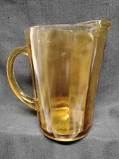 Vintage Heavy Duty Ribbed Yellow / Amber Glass Pitcher 8" x 7" 64 OZ