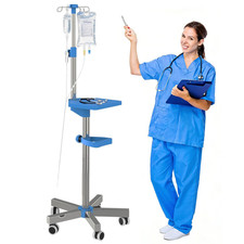 IV Pole with Wheels Medical Portable IV Stand with 4 Hooks and Tray, 52.3“ to 70