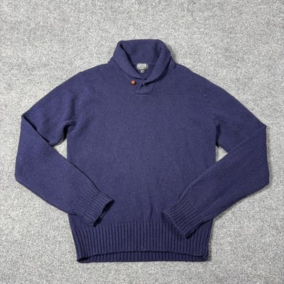 Lands' End Sweater Mens L Blue 100% Wool Shawl Collar Knit Pullover Fisherman