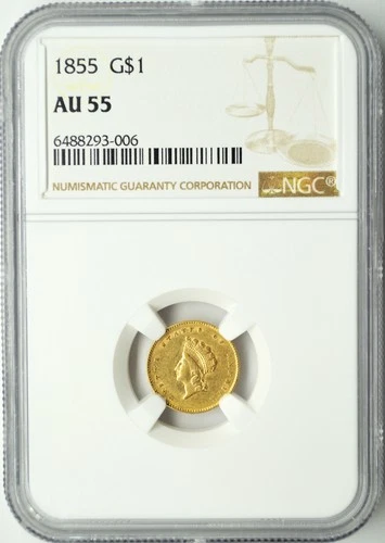1855 GOLD INDIAN PRINCESS HEAD SMALL HEAD $1 NGC AU 55