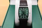 Vintage Seiko Slim Quartz Men's Wrist Watch green Dial with Dark Brown Strap.