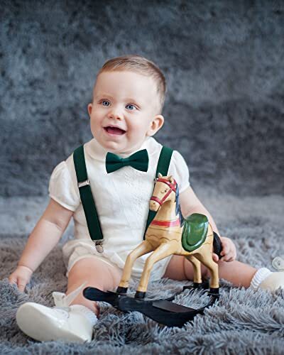 4 Set Boys Suspenders and Bow Tie Set Black, Wine Red, Navy Blue, Dark Green - Picture 4 of 7