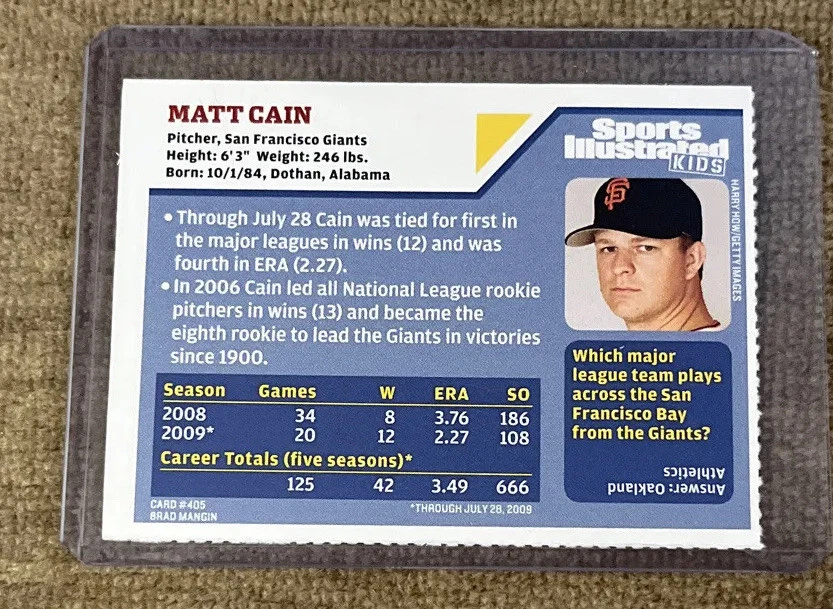 Matt Cain Rare SF Giants #405 MLB Sports Illustrated for Kids SI - Image 2 of 2