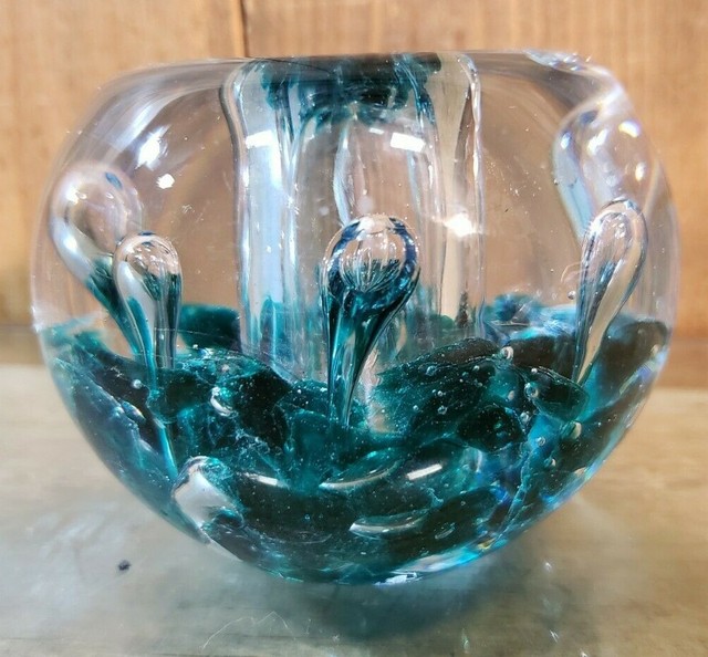 Art Glass Candle Holder Blue Ocean Waves Controlled Bubble Stunning. eBay