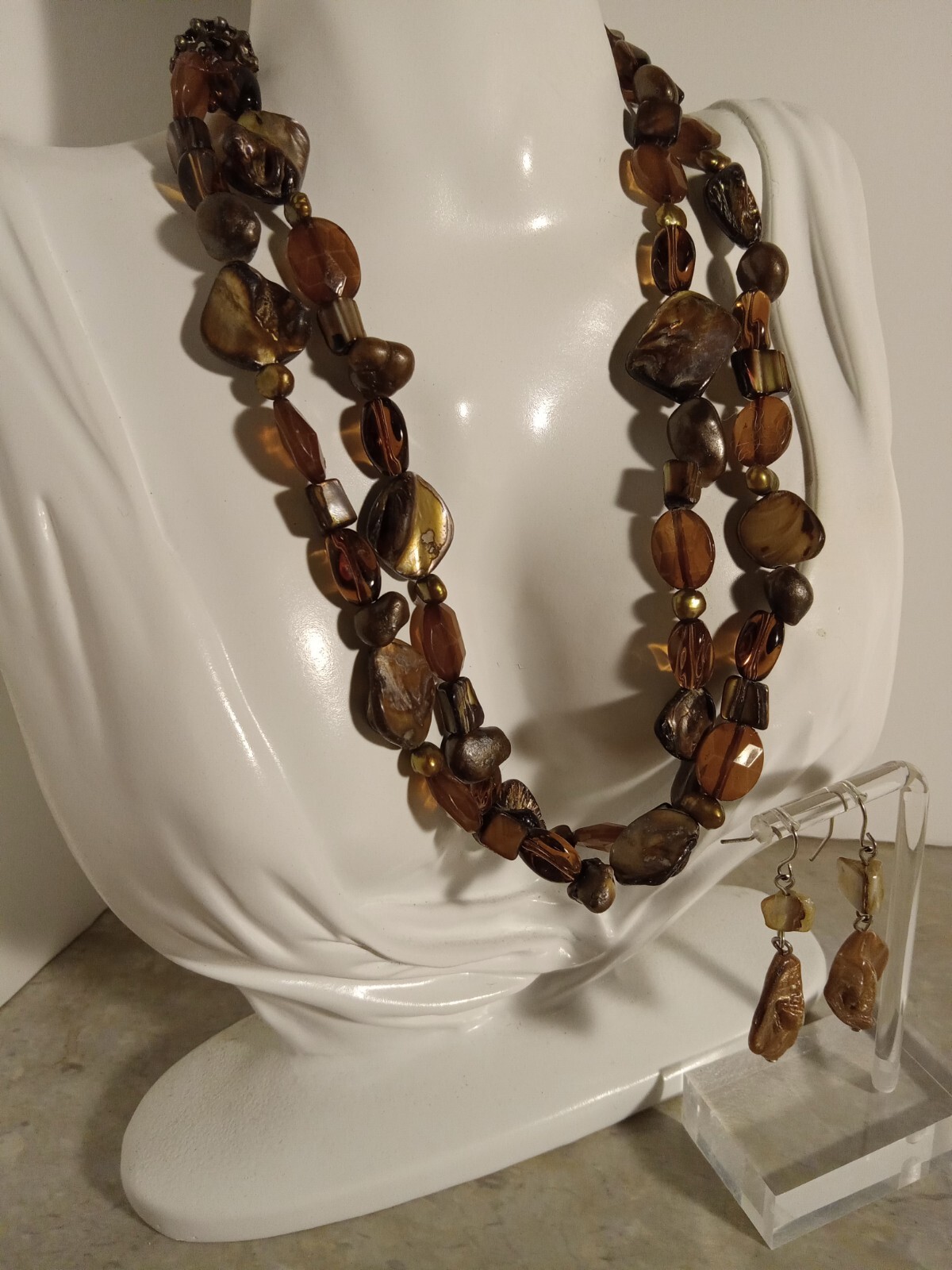 Brown Shell Bead Double Strand Necklace Dangling … - image 3