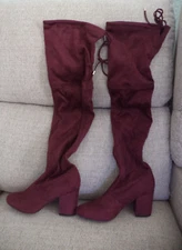 NEW LOOK Burgundy Suede Over The Knee High Boots Pull On Size 4/37 US Size 6