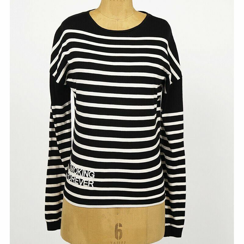 SAINT LAURENT★素敵！SMOKING FOREVER STRIPED LONG SLEEVE TOP sz XS NEW $890 SAINT LAURENT Black White SMOKING FOREVER