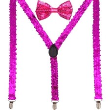 Men AB Elastic Band Hot Pink Sequin Suspender With Maching Polyester Bowtie