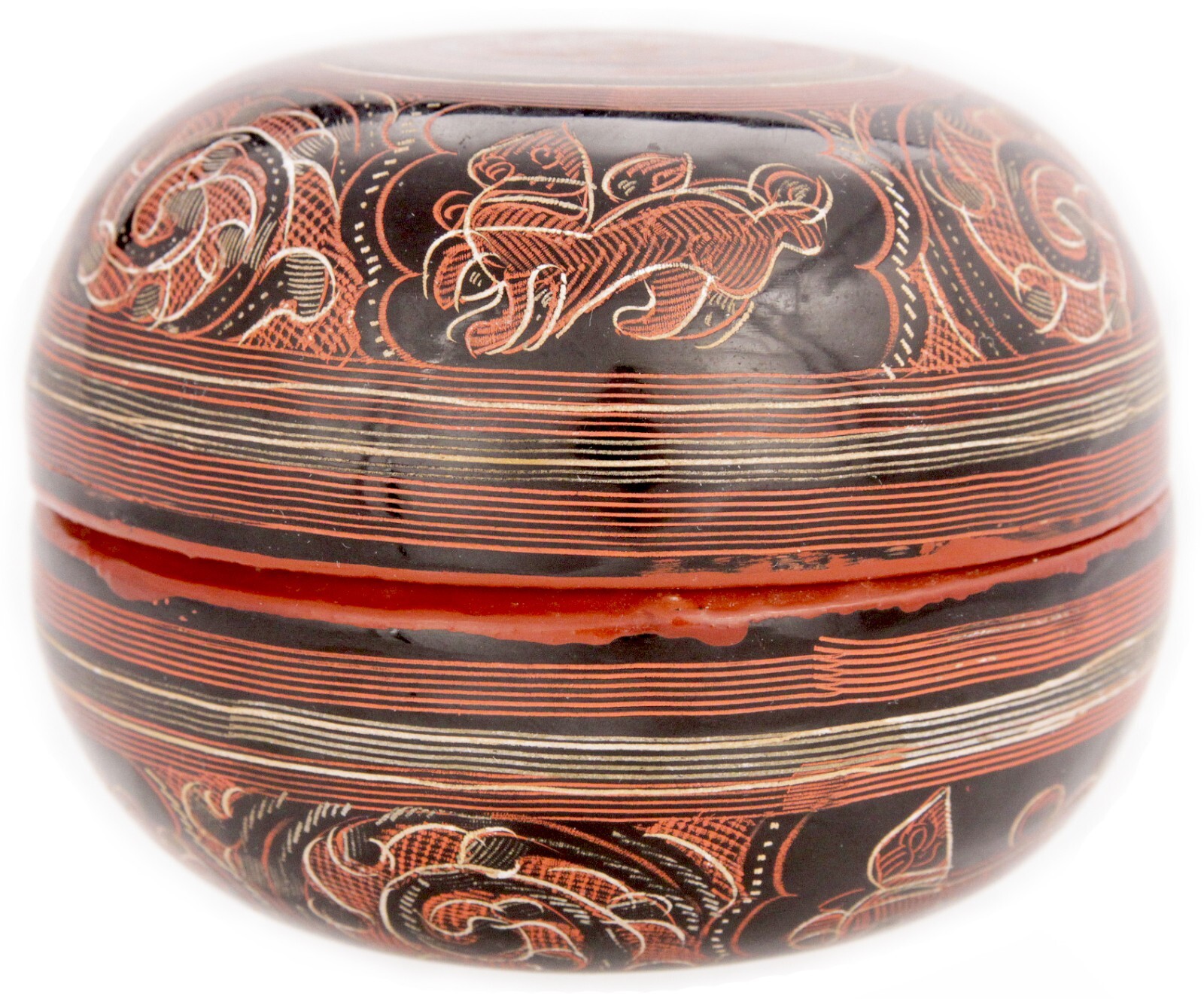 Vintage Burmese Etched Yun Lacquer Round Box Container Burma SE Asian Old