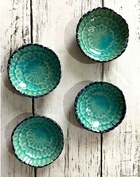 MINO YAKI WARE Plato pequeño en forma de flor azul turco 4 piezas de JP japonés