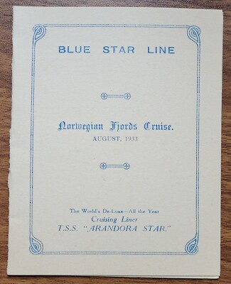 Informationskarte Blue Star Line ''Arandora Star'' Norwegian Fjords Cruise 1933