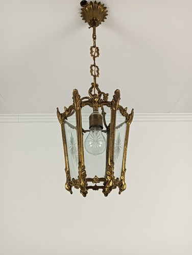 vintage Brass Etched Glass Lantern Pendant Ceiling Fixture Vintage 1 light Chand - Picture 2 of 7