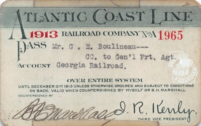 1913 ATLANTIC COAST LINE RAILROAD COMPANY REISEPASS FÜR G.E. BOULINEAU