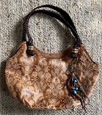 The Sak Indio Leather Satchel HandBag Purse Embossed Honey Tan Floral Women core