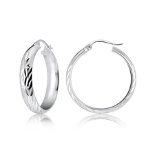 Sterling Silver Half Round Design Diamond Cut Hoop Earrings, 30
