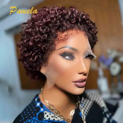 Burgundy Glueless Curly Bob Transparent Lace Front Human Hair Wig with Baby Hair
