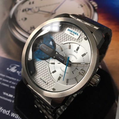 Mens Diesel Designer Watch MINI DADDY Dual Time Silver Blue Steel Genuine  DZ7305 | eBay