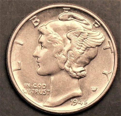 1945 P Mercury Dime Almost Uncirculated 90% Silver Coin AU / BU