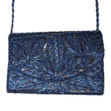 Bijoux Terner Beaded Evening Bag Navy Blue Art Deco Clutch Purse Vintage