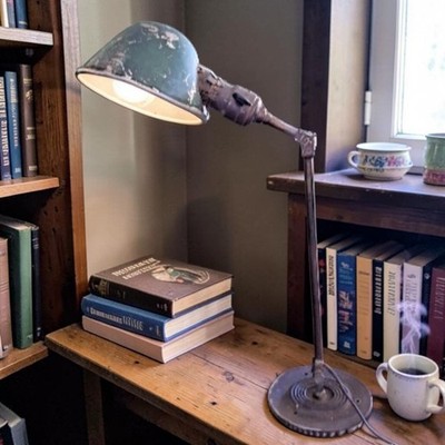 Antique Faries Industrial Lamp Green Articulated Table Wall Mount W/ Shade 1898
