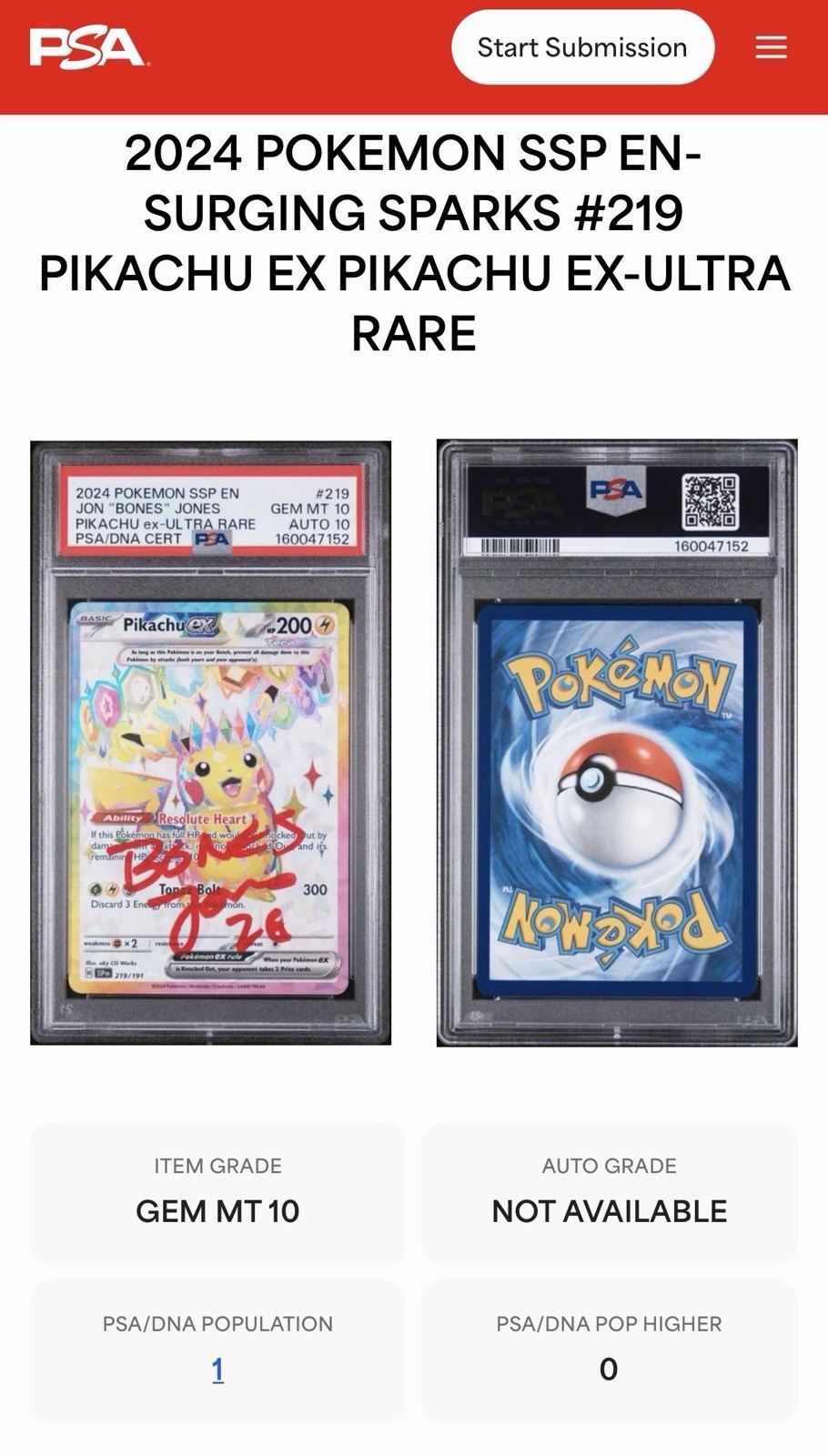 The Bones Jones Pikachu ex 219/191 Sv08: First Ever Signed Pokemon Card PSA 10 view 2