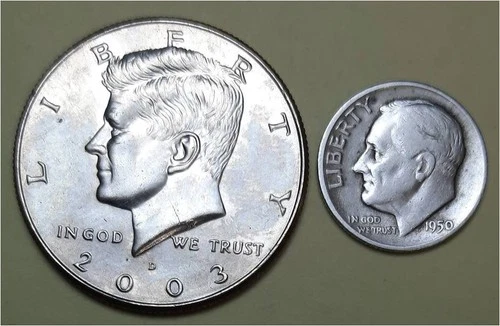 1 Unc Kennedy Half Dollar (2003D) and 1 90% Silver Roosevelt Dime (1950D)