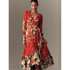 Farm Rio Long Sleeve Wrap Dress Floral Medium Red