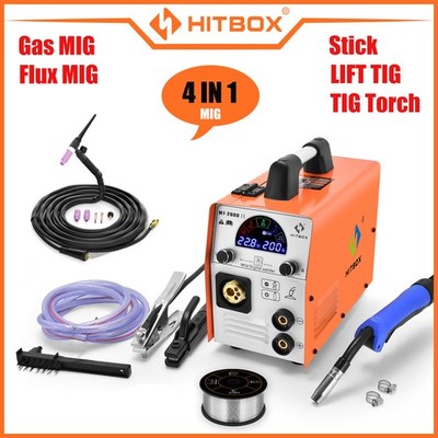 HITBOX 4in1 Gas/Flux MIG Welder Stick LIFT TIG Welder 110V/220V w 13ft TIG Torch