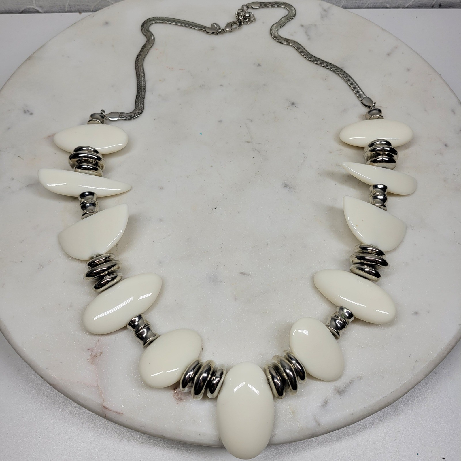 Chico's Statement Necklace White Silver Chunky Be… - image 12