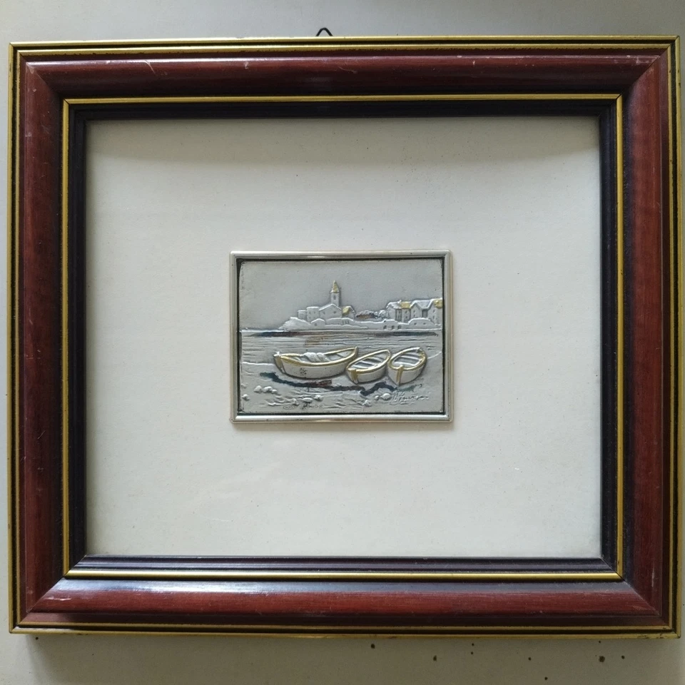 Quadro bassorilievo in argento 925 R 3/5 g Lastra Barche Mare Marina Iridescente - Immagine 2 di 4