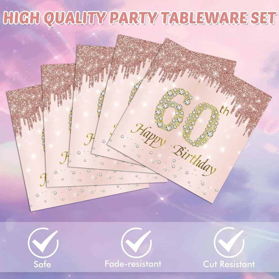 40 PCS 60Th Birthday Decorations for Women 60Th Birthday Plates and Napkins Rose - Image 3 of 4