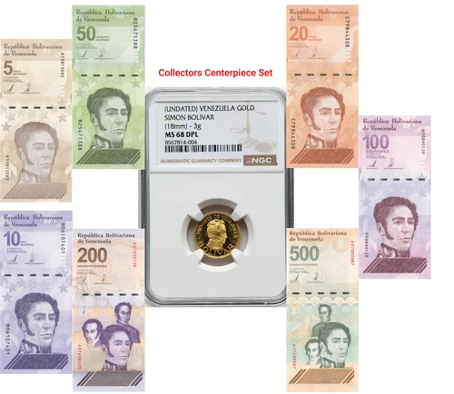 Venezuela Collector Set Gold Bolivar Coin NGC MS68 DPL + 7 UNC Notes 5M–500M UNC