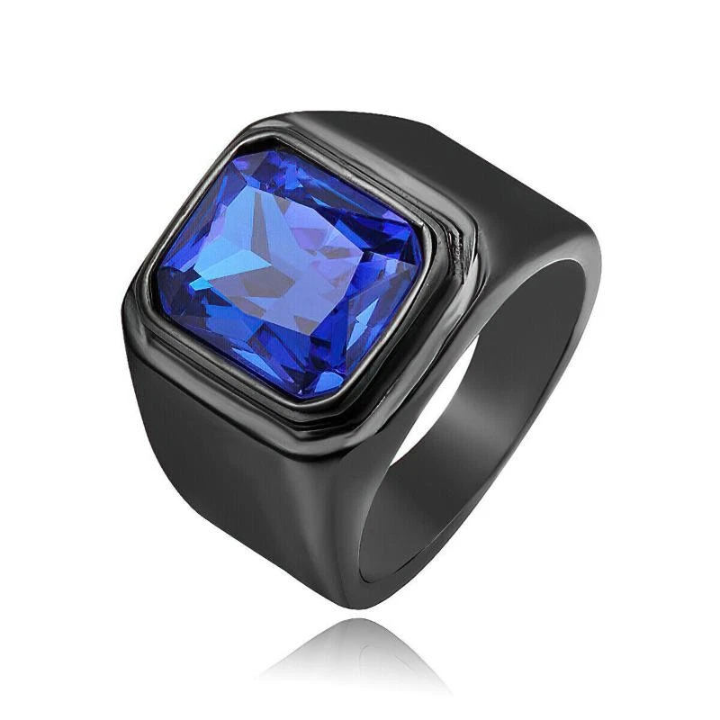 Hombres Mujeres Negro Acero Inoxidable Piedra Azul Anillo Alianza Boda Talla 7-12 Regalo Foto 2 de 4