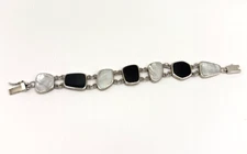FAS 925 Sterling Onyx & Mother of Pearl Shell Asymmetrical Link 7" Bracelet