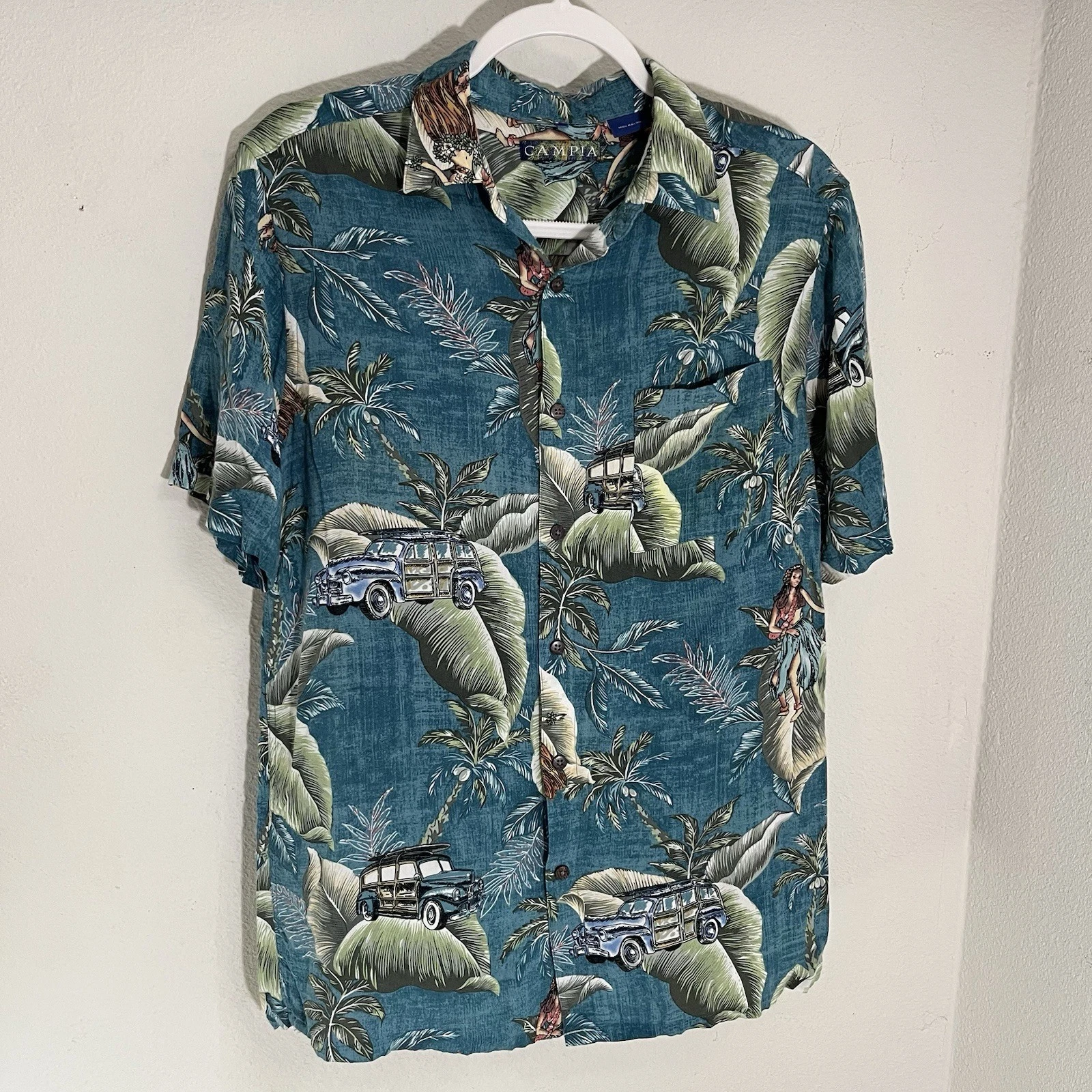 Campia Moda Hawaiian Shirt Men's Medium Palm Trees Surfboards Cars Dancers Vtg