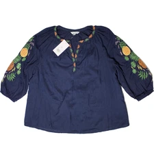 NWT Crown & Ivy Navy Blue Woven Peasant Boho Top Embroidered Pineapples Large
