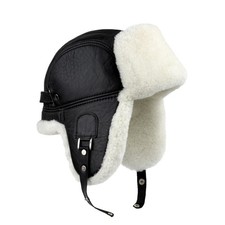 Real Shearling Leather Aviator Hat   Handmade Warm Winter Black Trapper Hat