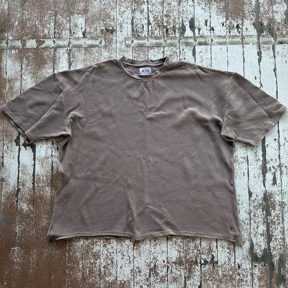 NTH T-Shirt Unisex L Taupe Brown Waffle Cotton Oversized Boxy Knit Stretch Tee