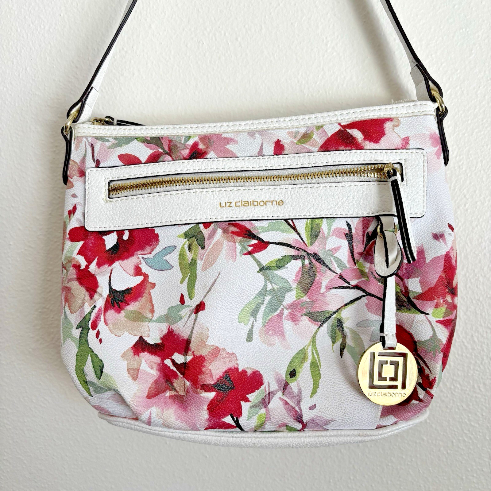 Liz Claiborne White Pink Green Floral Shoulder Bag Spring Purse