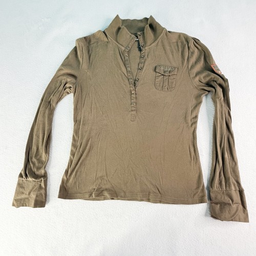 DKNY, DKNY Y2K Vintage Olive Millitary Blouse Henley Polo Womens Large Long Sleeve