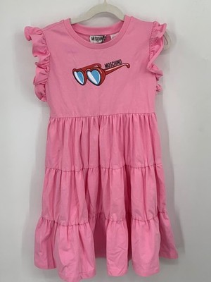 Moschino Kids Girl Pink Sunglasses Logo Print Ruffle Cap Sleeve Dress NEW sz 6y 